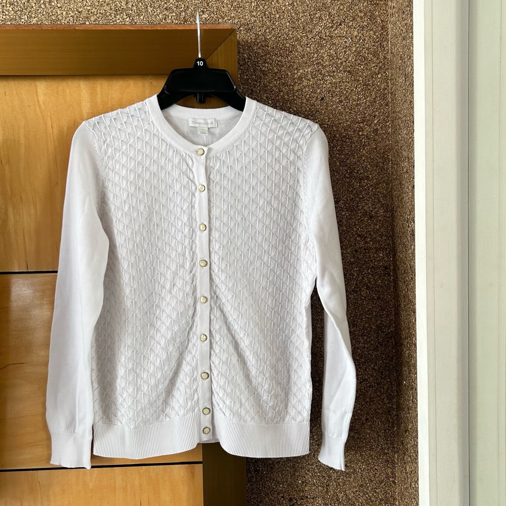 Charter Club Petite White Button Down Cardigan Sweater PL